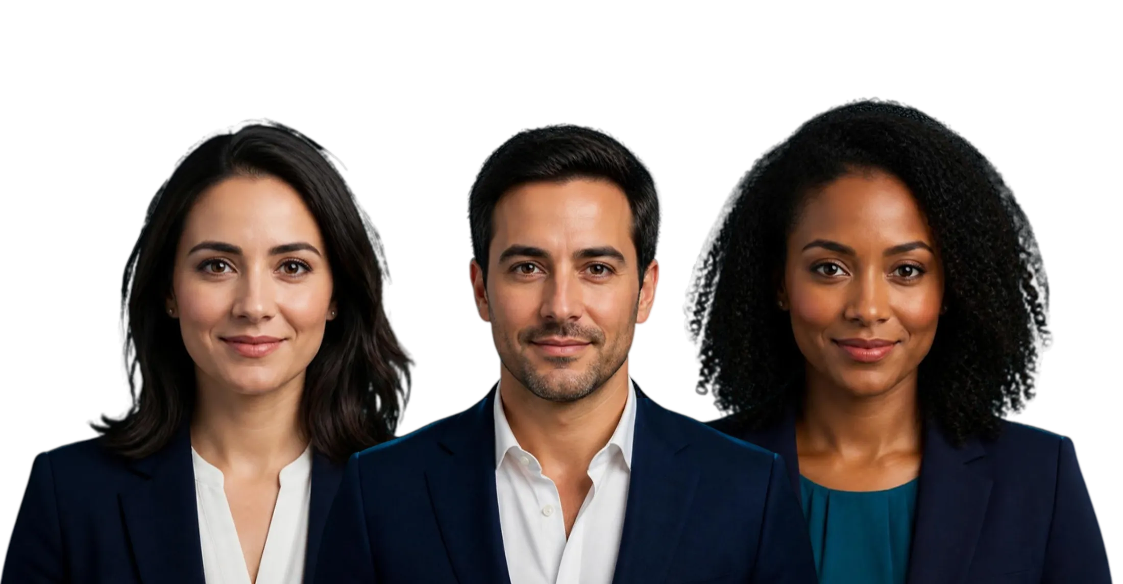 Your AI team: Ava, Sam and Maya, three smiling professionals standing side by side