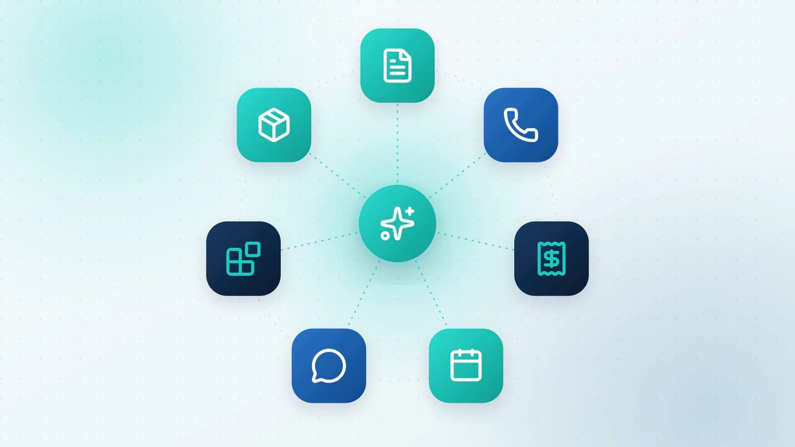 Seven small-business jobs, from data entry to demand planning, shown as seven icons around a glowing teal core