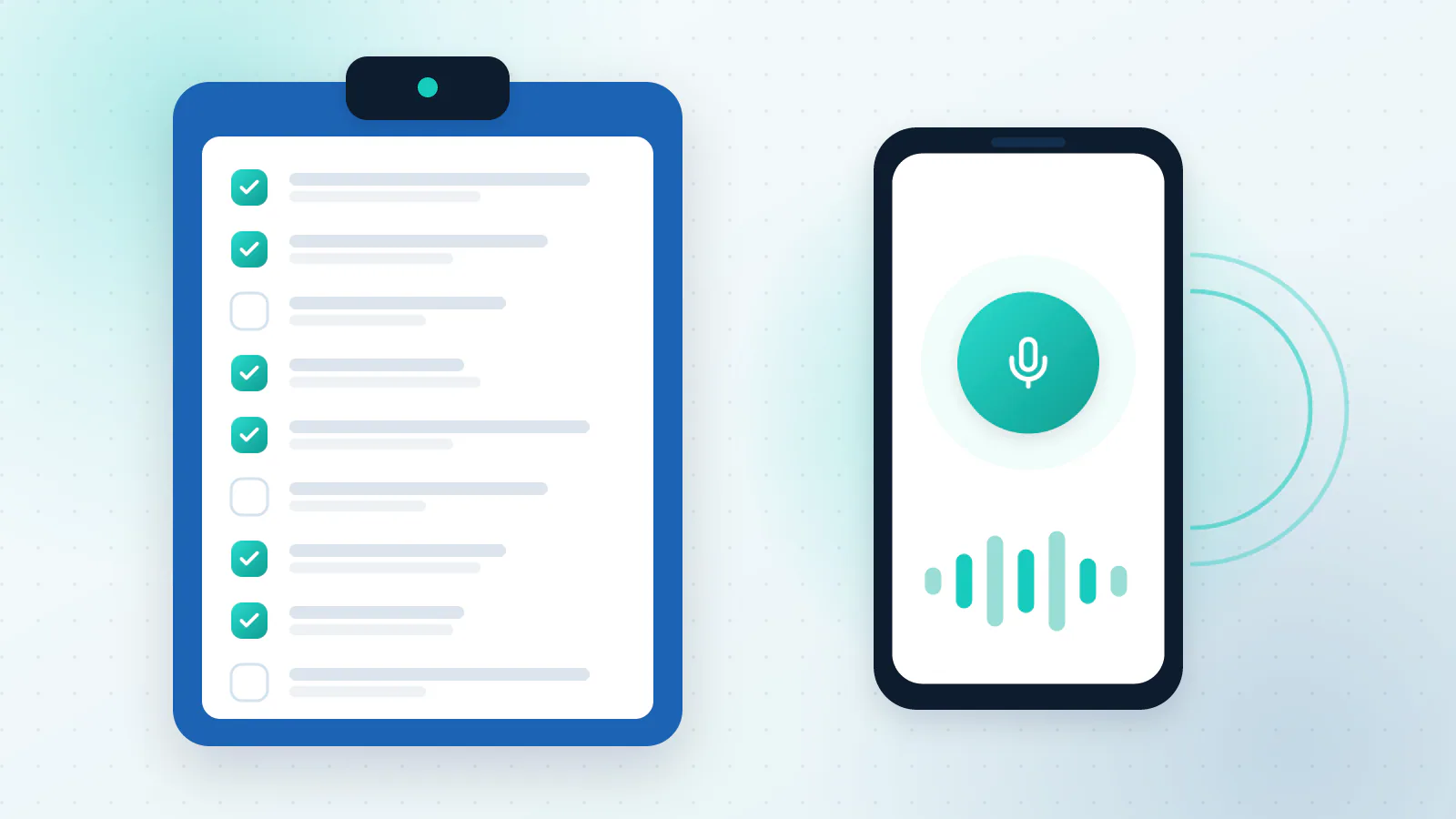 A checklist of nine questions beside a phone with a sound wave