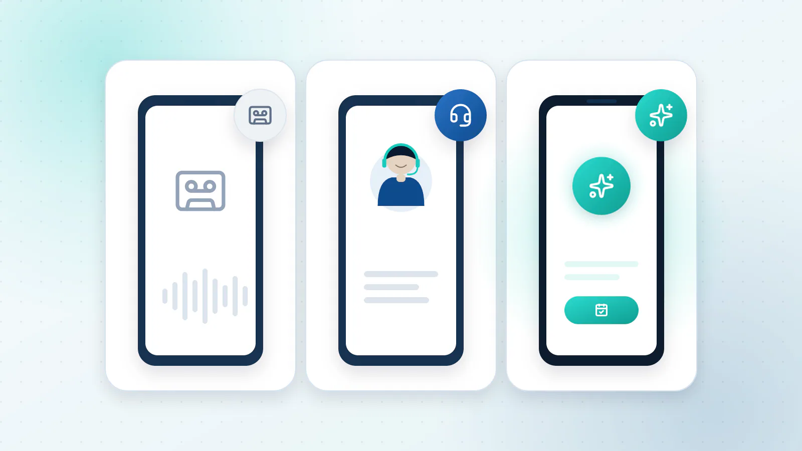 Voicemail, an answering service and an AI voice agent as three phones