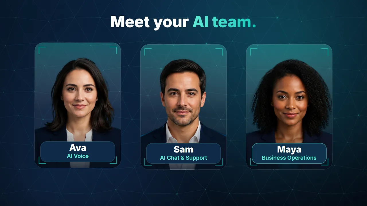 A frame from the film: Ava, Sam and Maya, the AIXcellence AI team, side by side